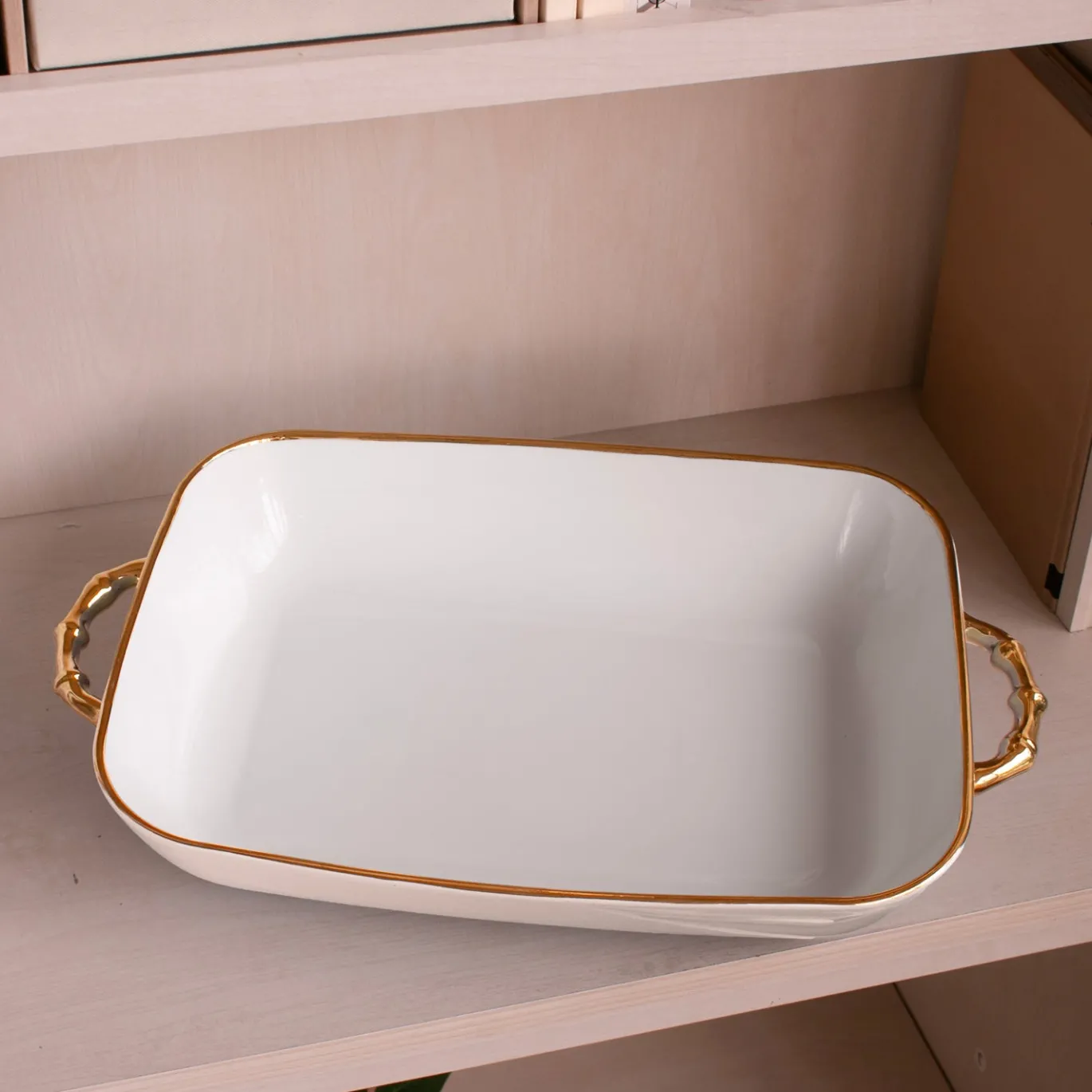 CERAMIC Bambu Rectangular Casserole Cream & White SECONDS - NON REFUND