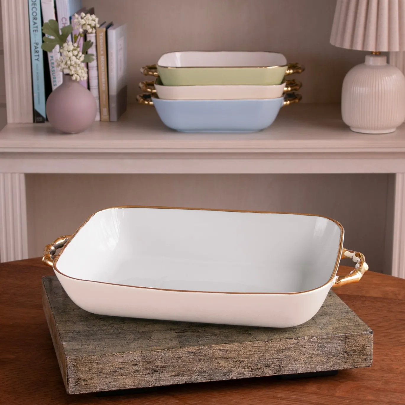 CERAMIC Bambu Rectangular Casserole Cream & White SECONDS - NON REFUND
