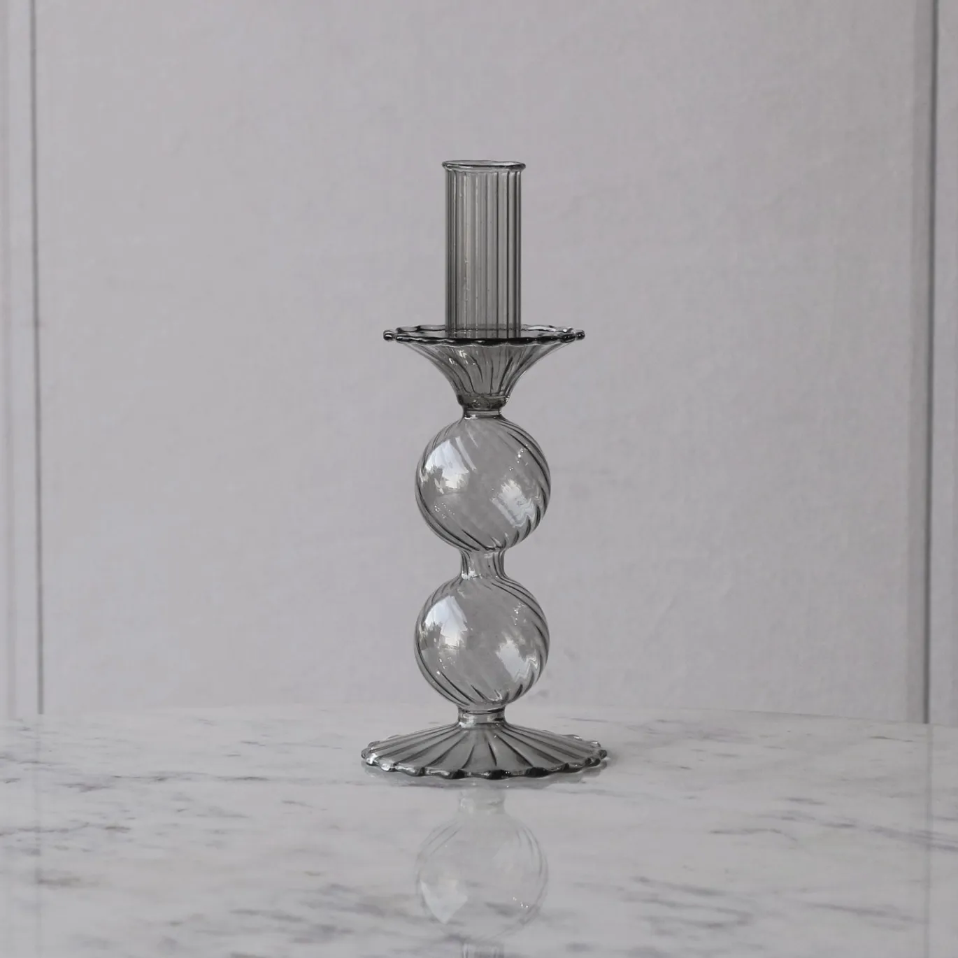 GLASS Cambridge Lucille 2 Ball Candlestick Holder Set of 2 (Light Gray