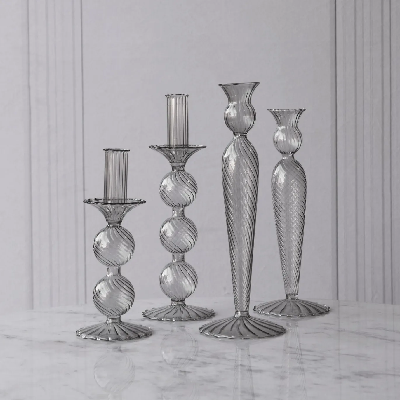 GLASS Cambridge Lucille 2 Ball Candlestick Holder Set of 2 (Light Gray