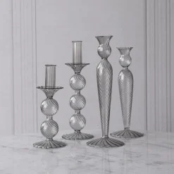 GLASS Cambridge Lucille 3 Ball Candlestick Holder Set of 2 (Light Gray