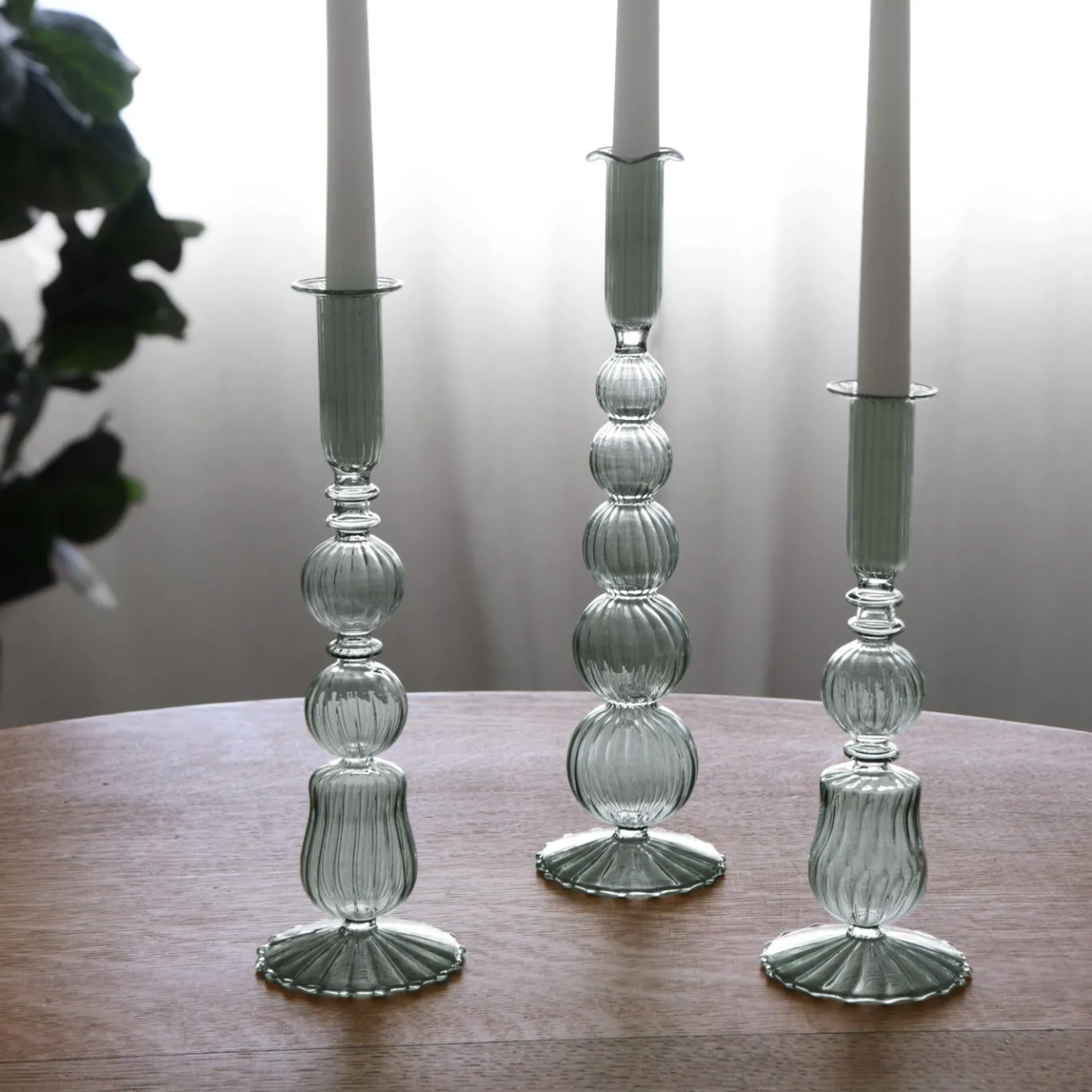 GLASS Cambridge Olivia 12" Candlestick Holder Set of 2 (Light Green)