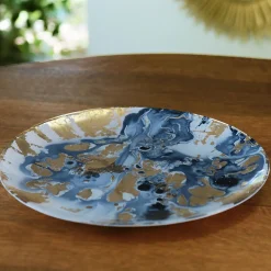 GLASS New Orleans Large Round Painted Platter (Blue & Gold)