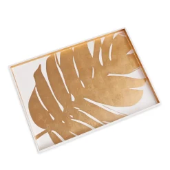 INDOCHINE Large Lacquered PhilodendronTray White and Gold