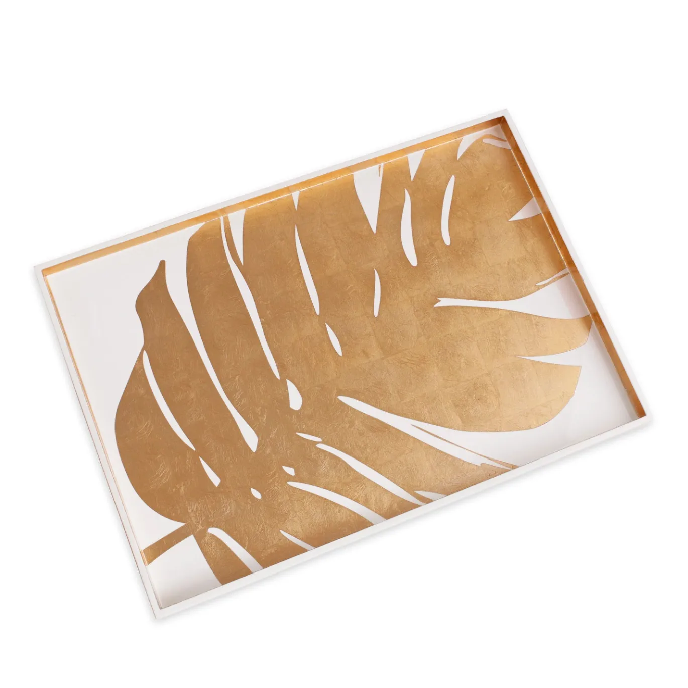 INDOCHINE Large Lacquered PhilodendronTray White and Gold