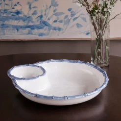 VIDA Bamboo Large Chip and Dip Bowl (White and Blue)