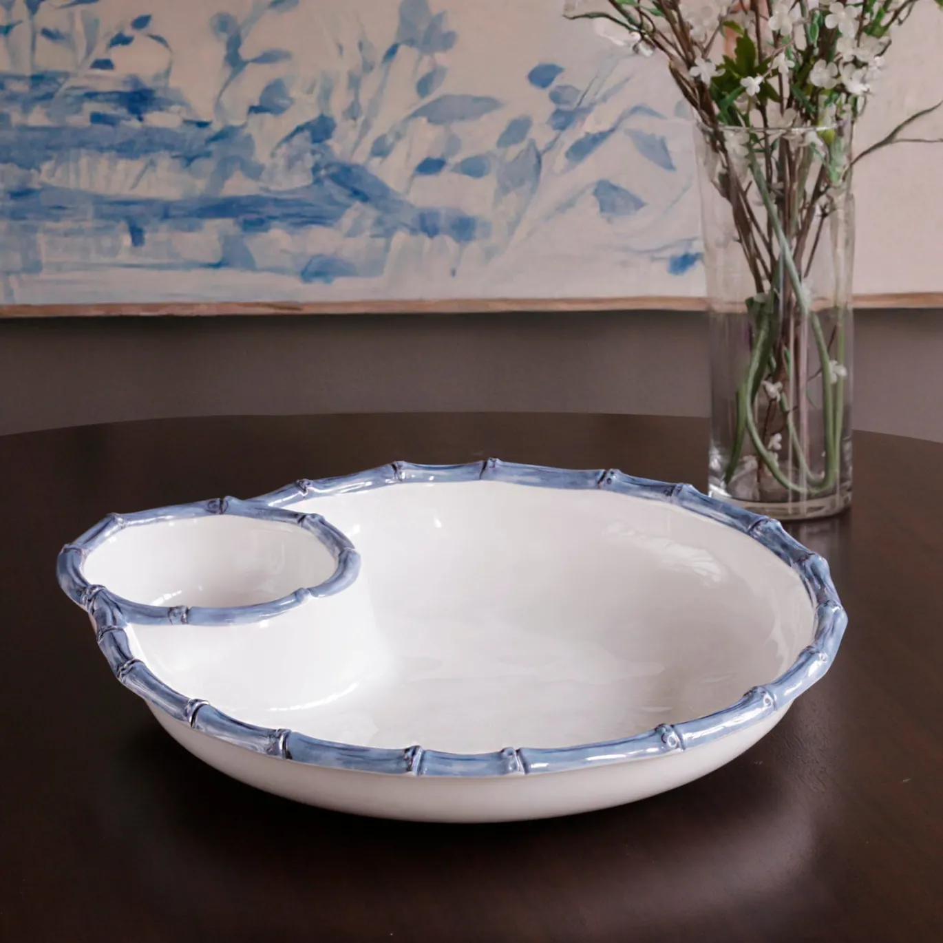VIDA Bamboo Large Chip and Dip Bowl (White and Blue)