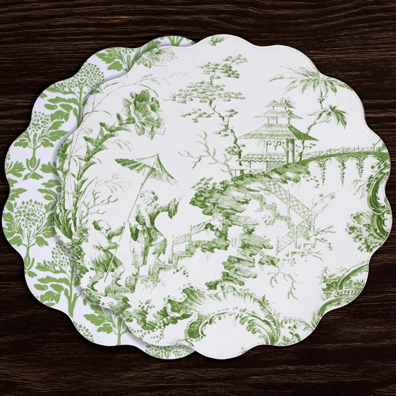 VIDA Chinoiserie Reversible Round Placemats Set of 4 Green & White