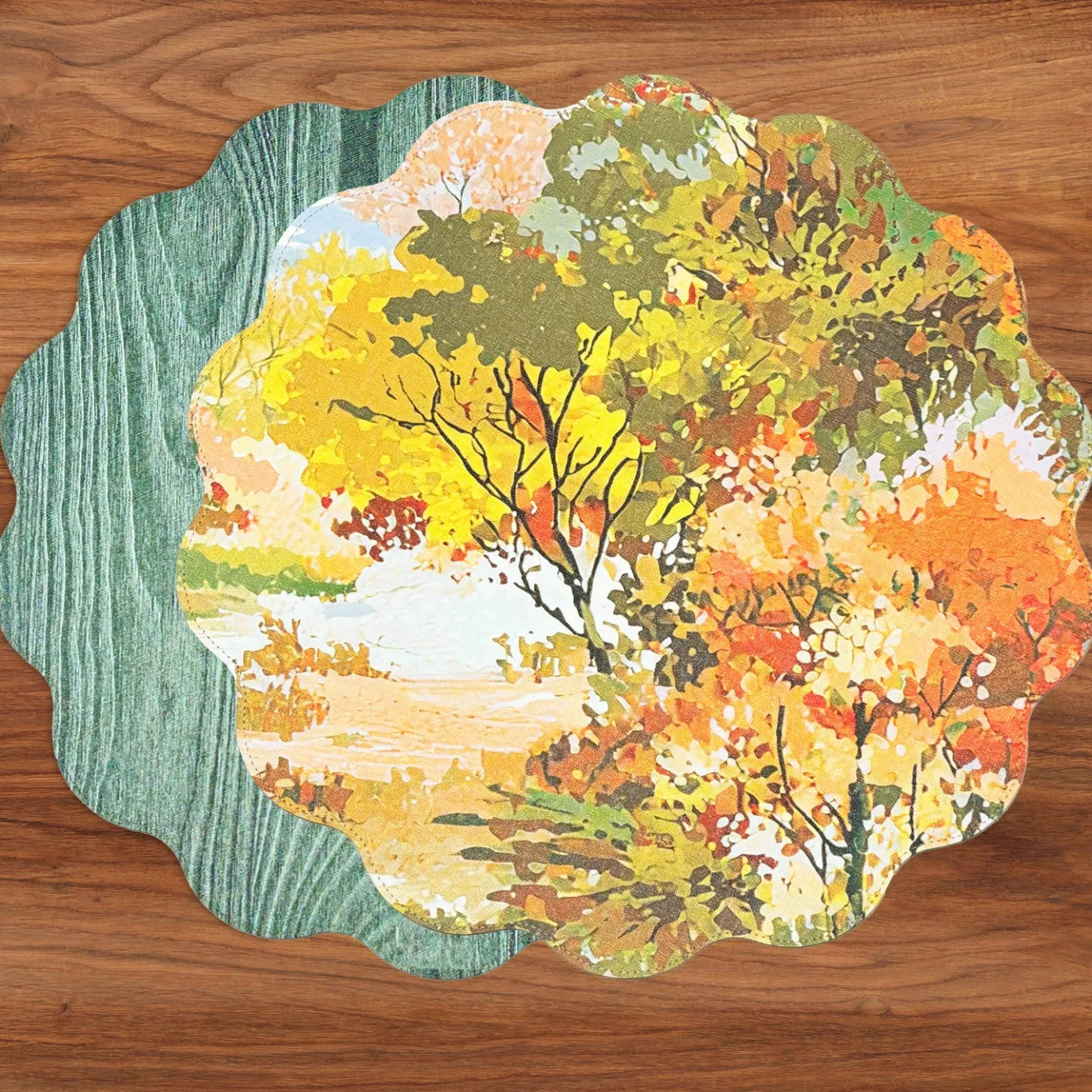 VIDA Fall Trees and Wood Grain Reversible Round Placemats Set of 4 Ora