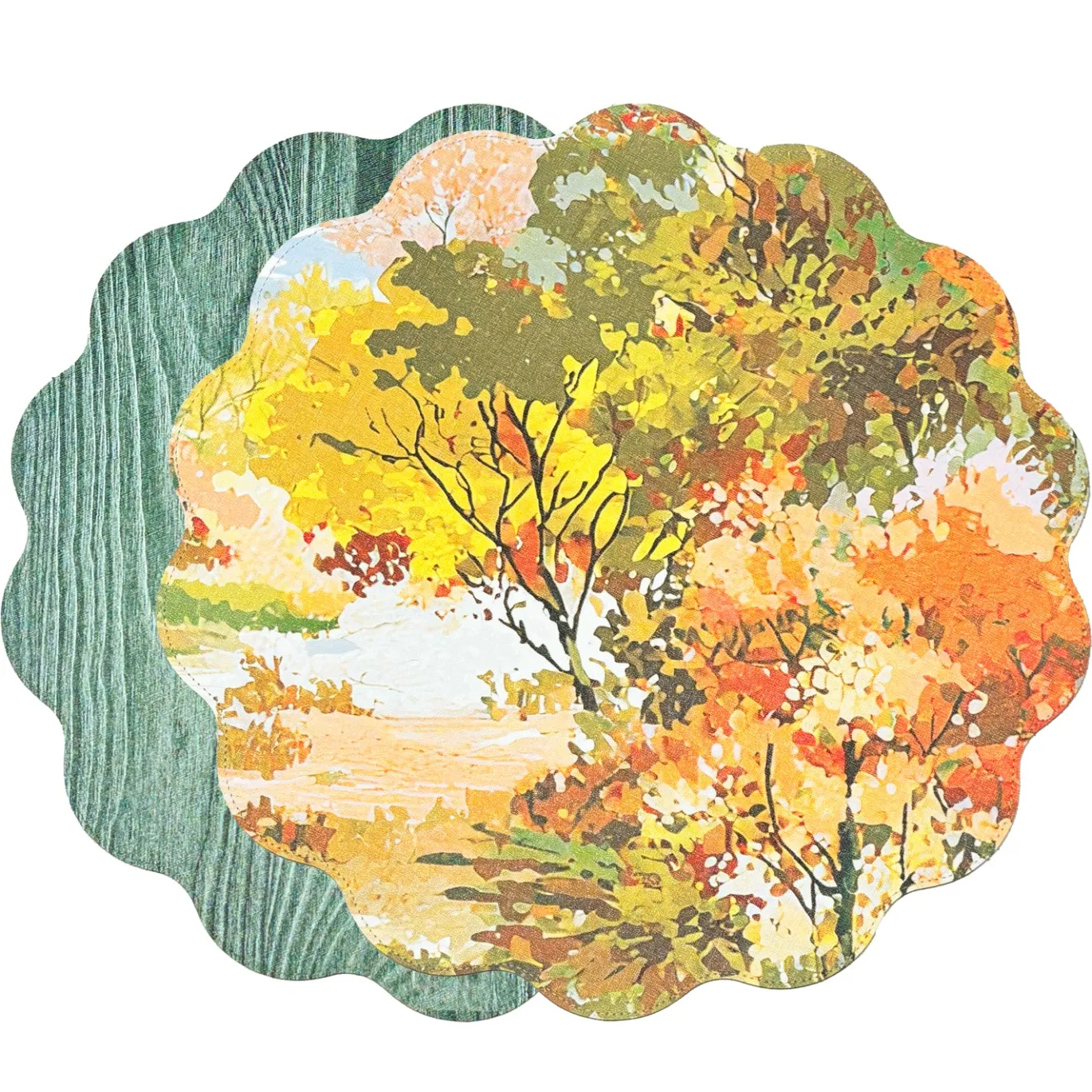 VIDA Fall Trees and Wood Grain Reversible Round Placemats Set of 4 Ora