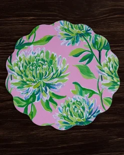 VIDA Hydrangeas & Daisies Reversible Round Placemats Set of 4 Pink & G